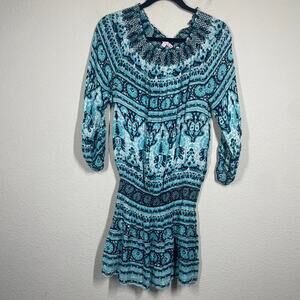 Calypso St Barth XS Smocked Neckline Boho Hippie Shift Dress Blue Half Sleeves